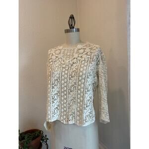 Women’s Medium Blouse Ivory Lace Crochet Pearl Button Long Sleeve 1905 Vintage